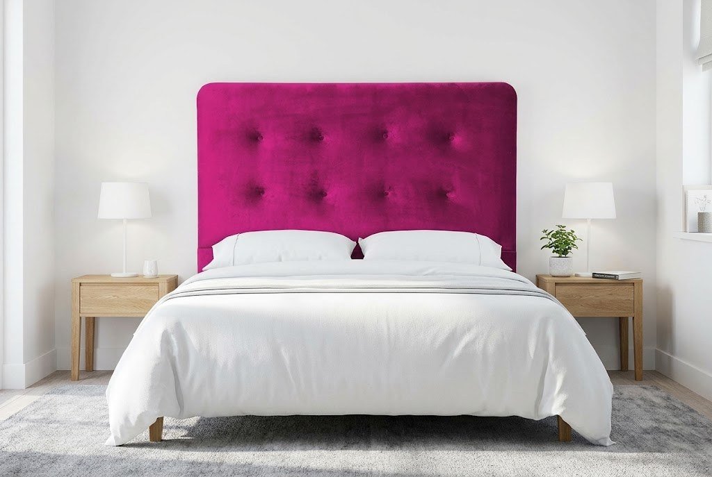 The Athena Headboard in hot pink in a bright modern bedroom