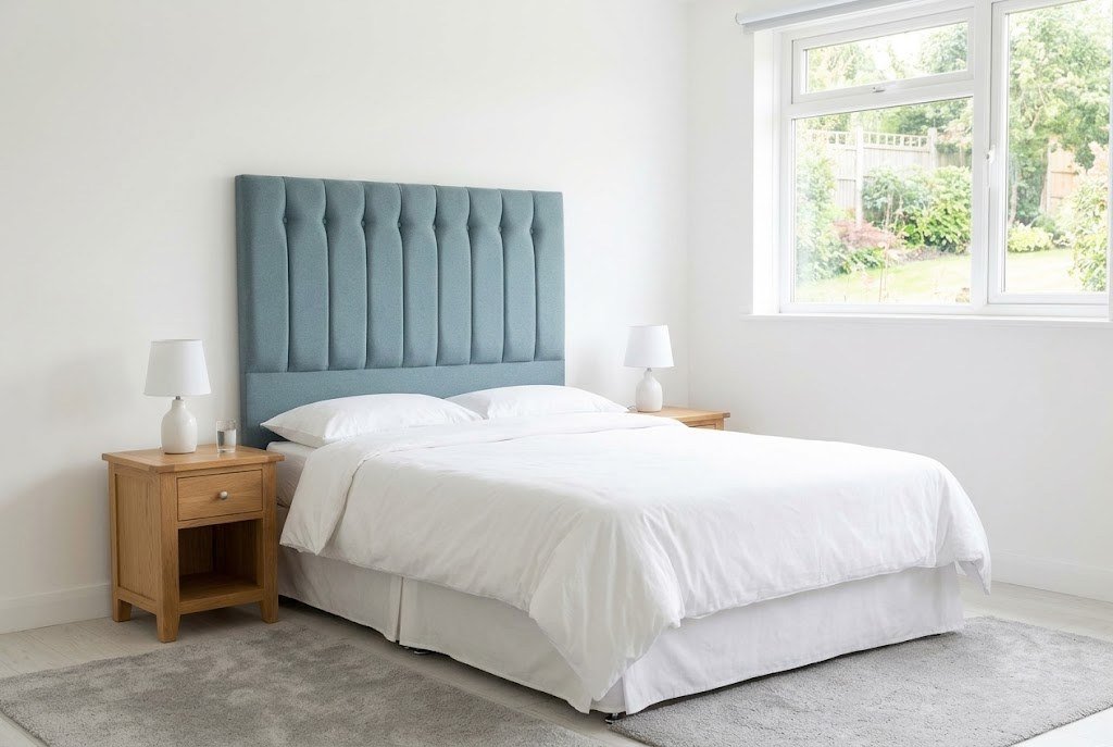 The Capricorn Headboard in steel blue in a bright modern bedroom
