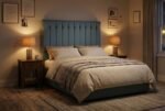 The Capricorn Headboard in steel blue in a warm evening bedroom