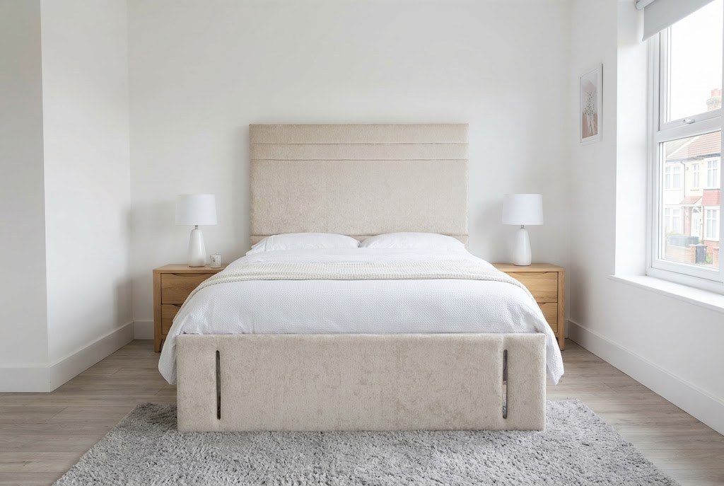 The Cardinal Headboard in oatmeal cream in a bright modern bedroom