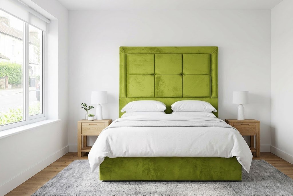 The Charlotte Headboard in lime green in a bright modern bedroom
