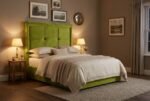The Charlotte Headboard in lime green in a warm evening bedroom