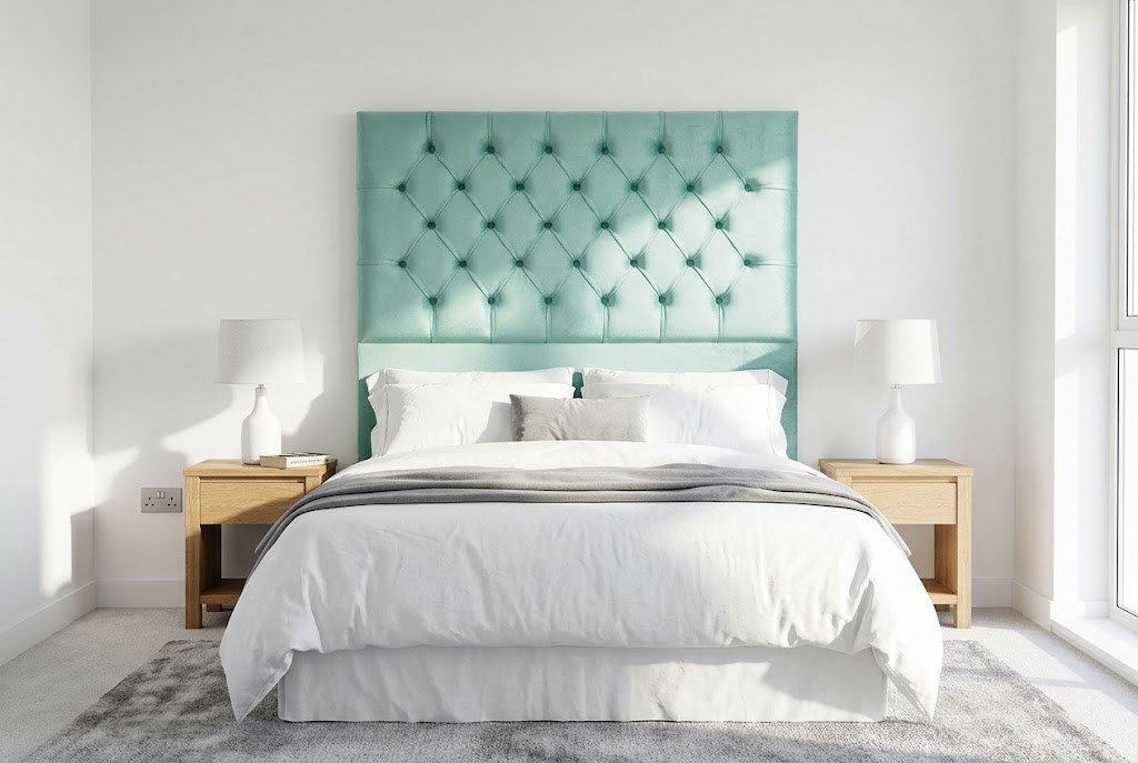 The Chesterfield Headboard in soft aqua green in a bright modern bedroom