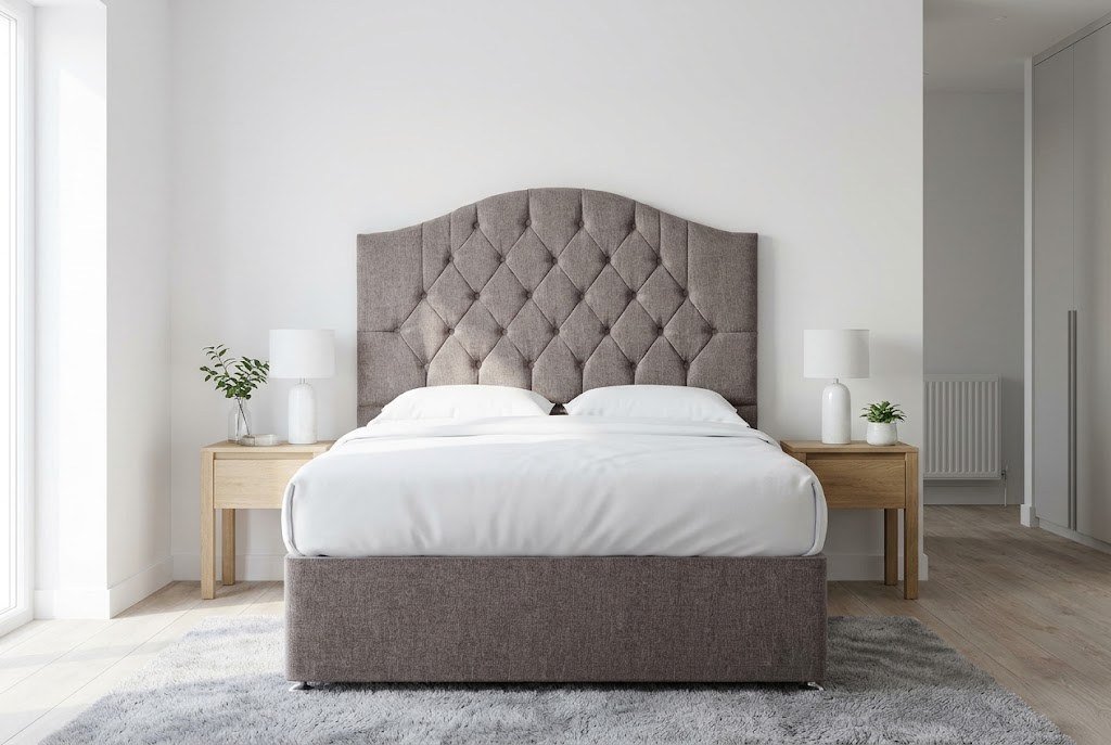 The Classic Headboard in mink in a bright modern bedroom