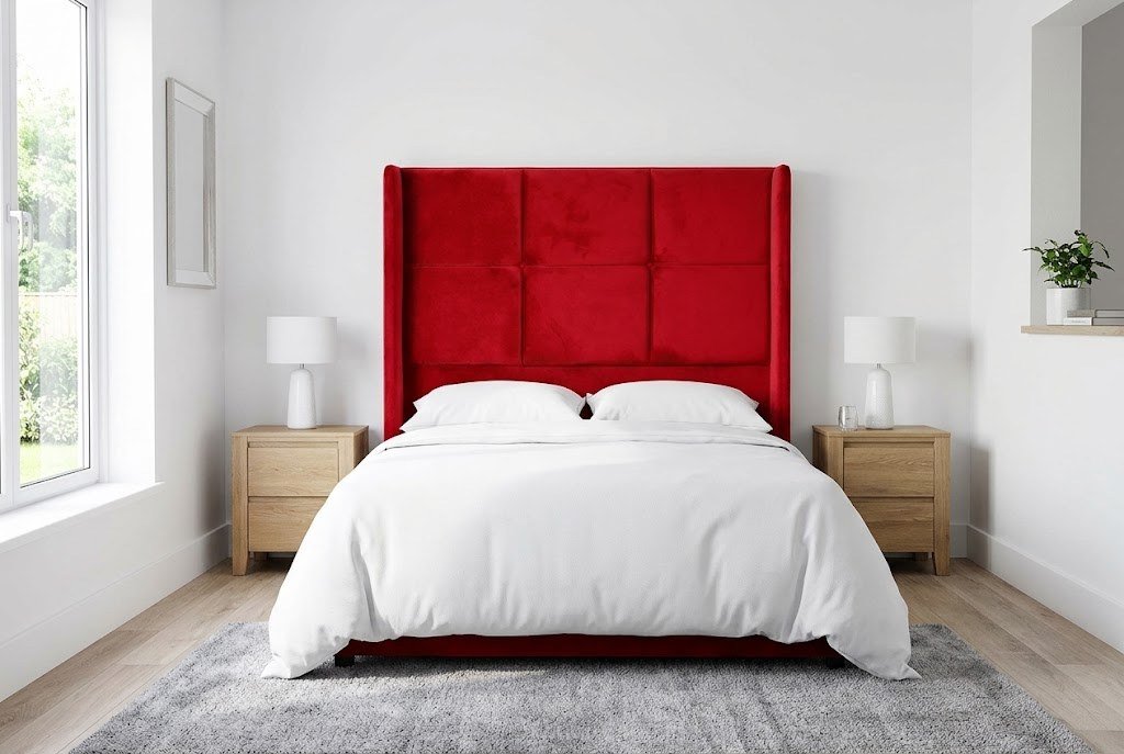 The Commander Headboard in bright red in a bright modern bedroom
