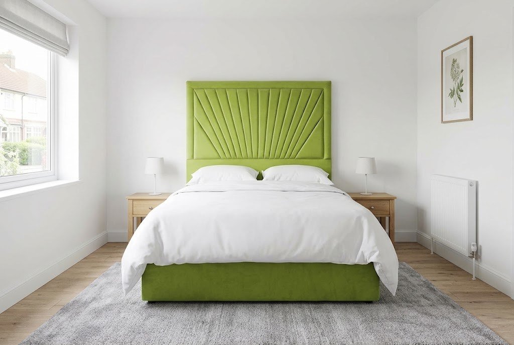The Deco Headboard in lime green in a bright modern bedroom The Deco Headboard in lime green in a bright modern bedroom