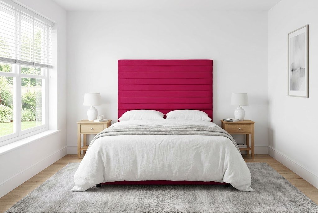 The Florence Headboard in fuchsia pink in a bright modern bedroom