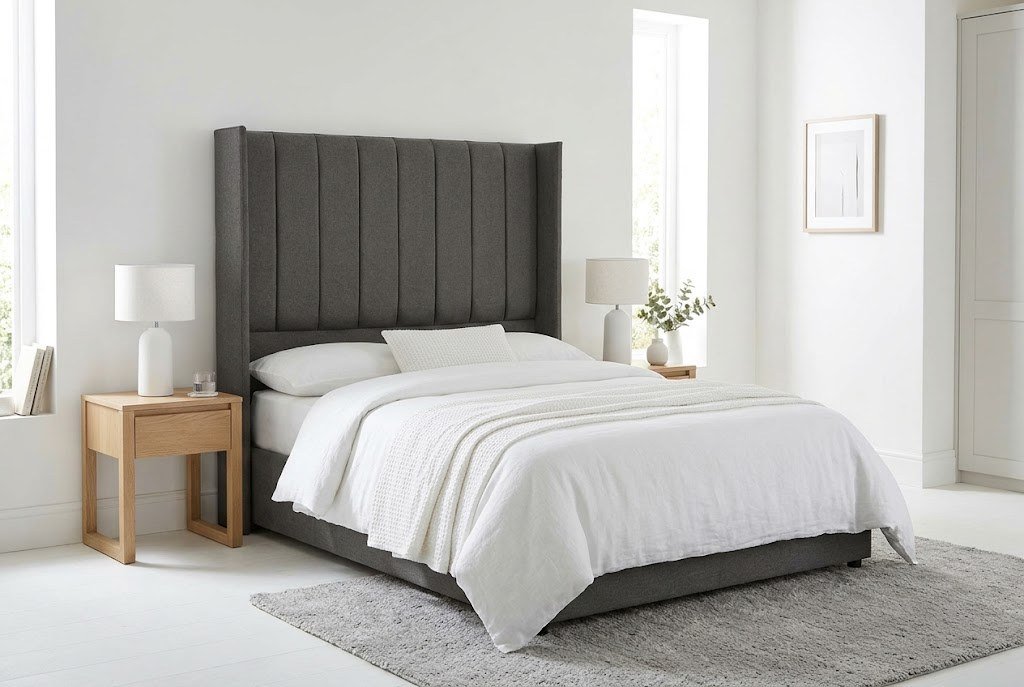 The Flute Headboard in charcoal in a bright modern bedroom The Flute Headboard in charcoal in a bright modern bedroom