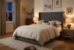 The Flute Headboard in charcoal in a warm evening bedroom