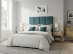 Four-Panel Contemporary Headboard in teal velvet in a bright modern bedroom