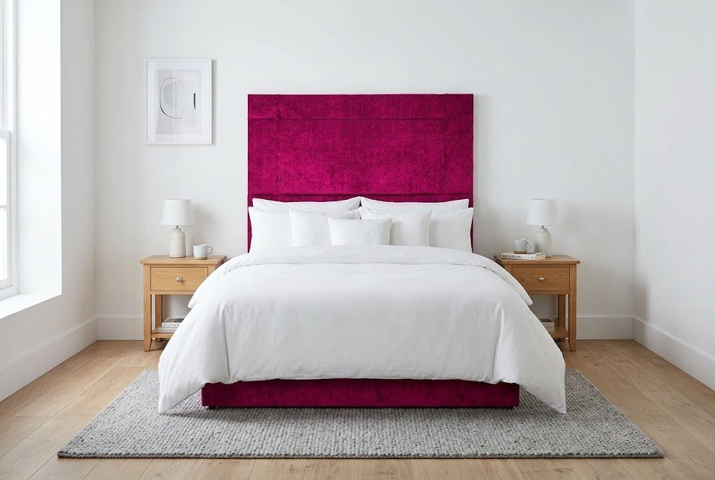 The Iris Headboard in magenta in a bright modern bedroom