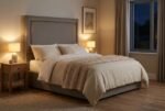 The Jane Headboard in taupe grey in a warm evening bedroom