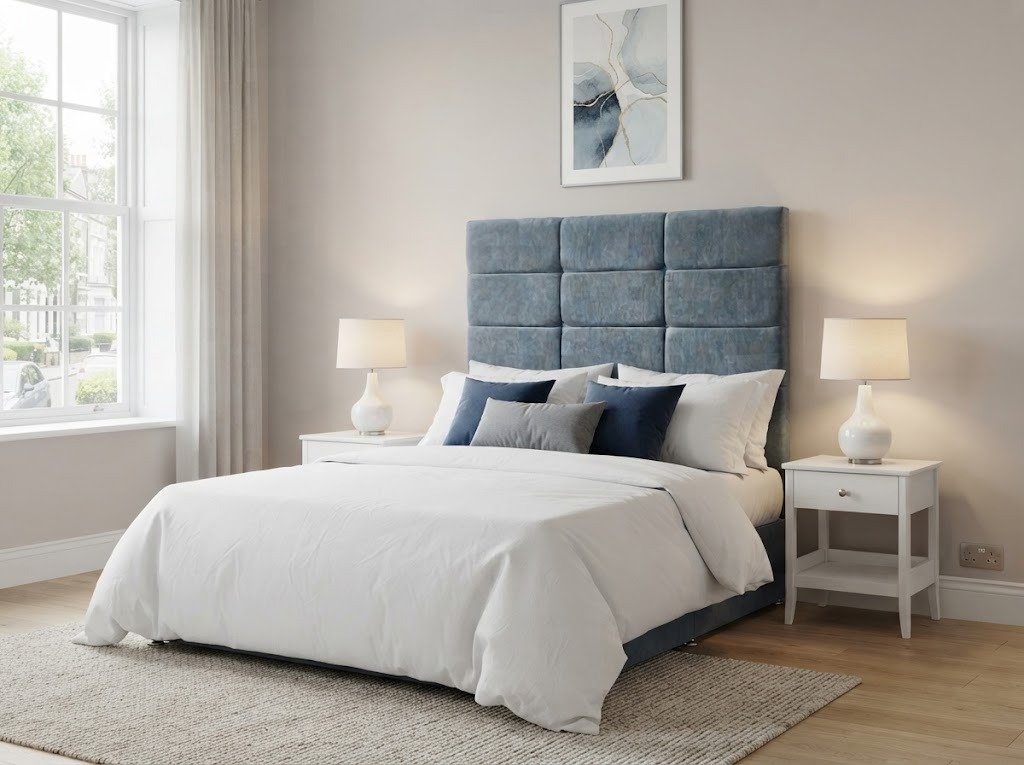 Linear Block Headboard in a bright modern bedroom