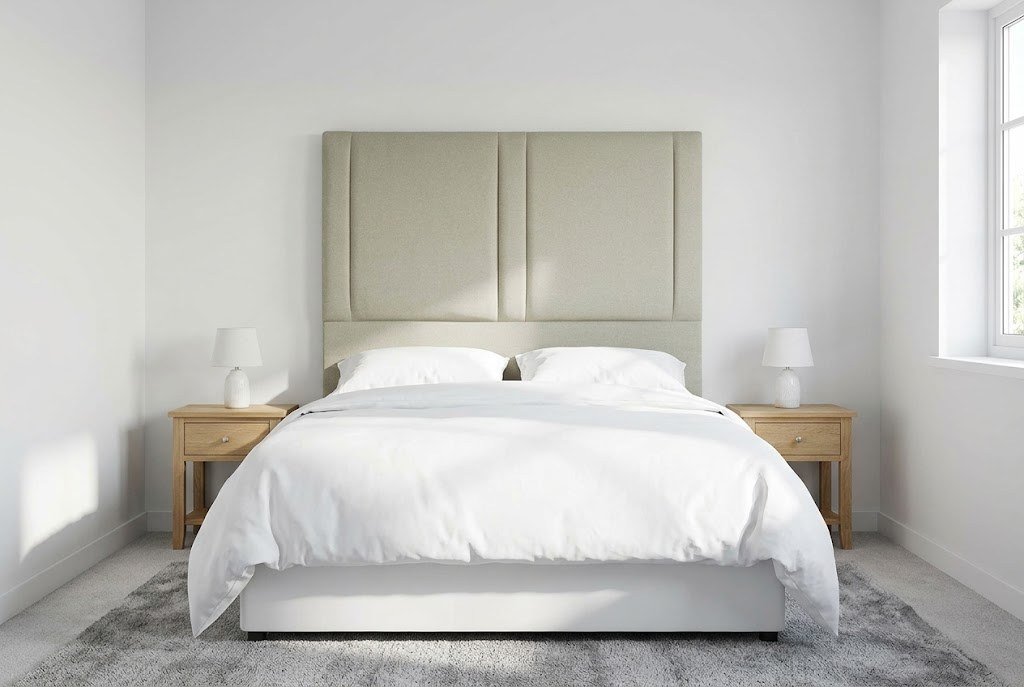 The Lustre Headboard in stone in a bright modern bedroom