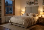 The Lustre Headboard in stone in a warm evening bedroom