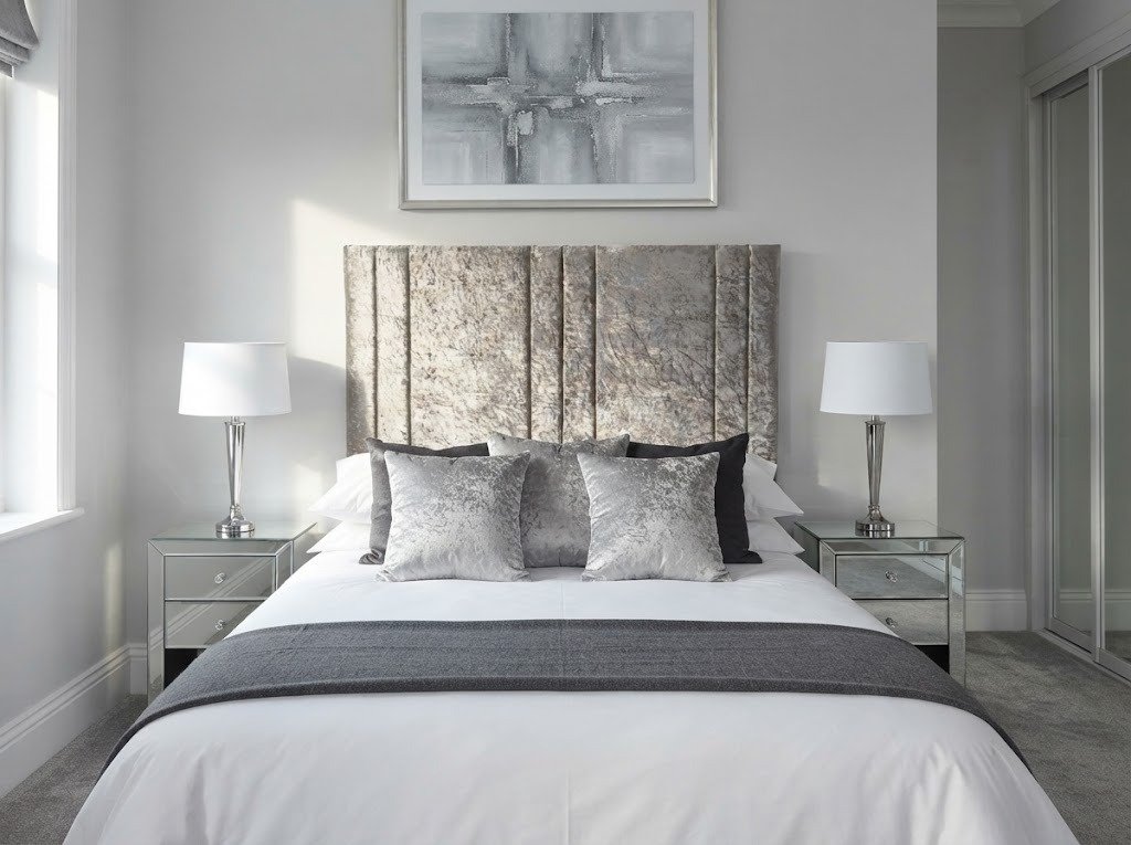 Midnight Texture Headboard in a bright modern bedroom