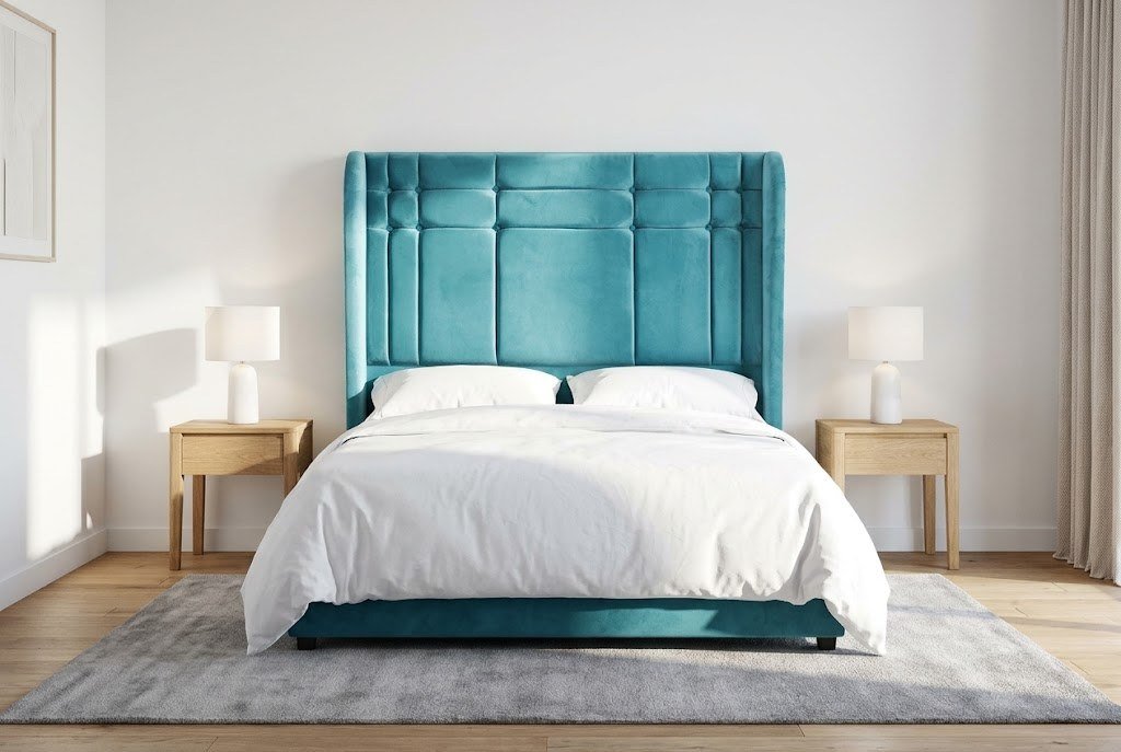 The Mona Lisa Headboard in turquoise in a bright modern bedroom