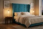 The Mona Lisa Headboard in turquoise in a warm evening bedroom