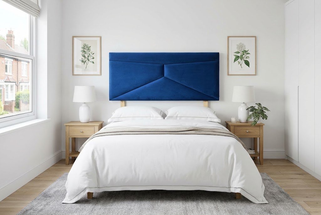 The Orlando Headboard in royal blue in a bright modern bedroom