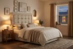 The Oslo Headboard in stone beige in a warm evening bedroom