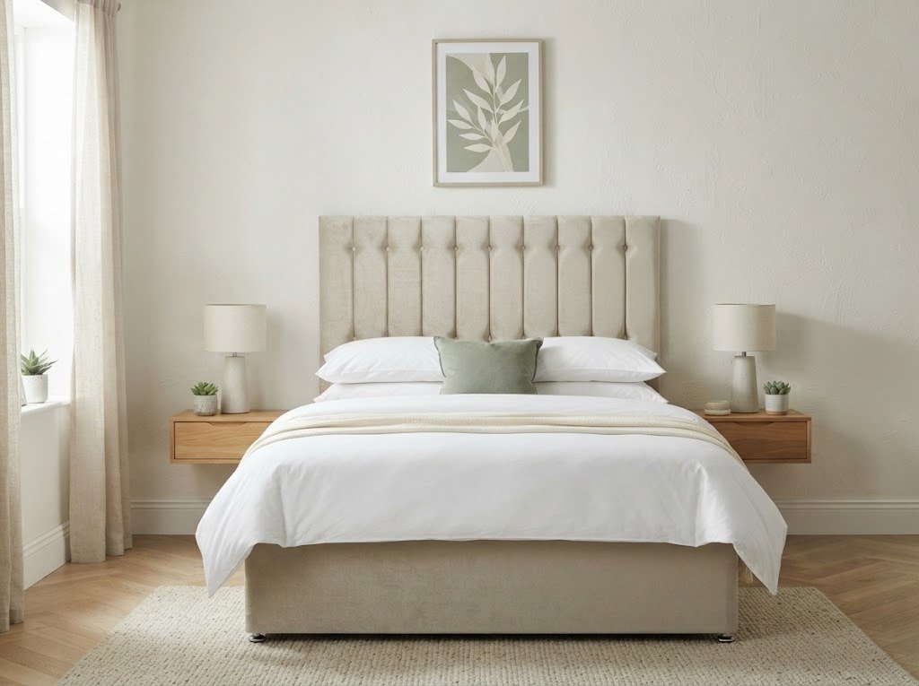 Regent Vertical Button Headboard in a bright modern bedroom