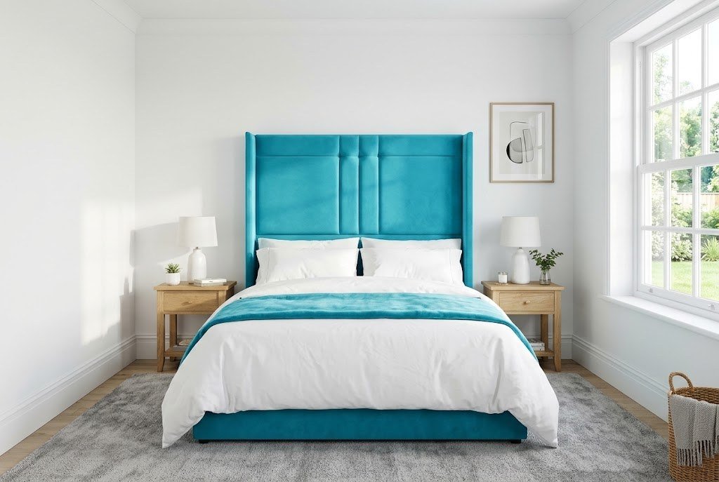 The Rembrandt Headboard in bright turquoise in a bright modern bedroom