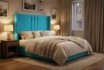 The Rembrandt Headboard in bright turquoise in a warm evening bedroom