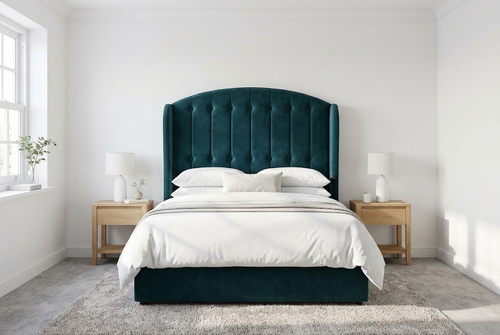 The Ruby Headboard in dark teal in a bright modern bedroom The Ruby Headboard in dark teal in a bright modern bedroom