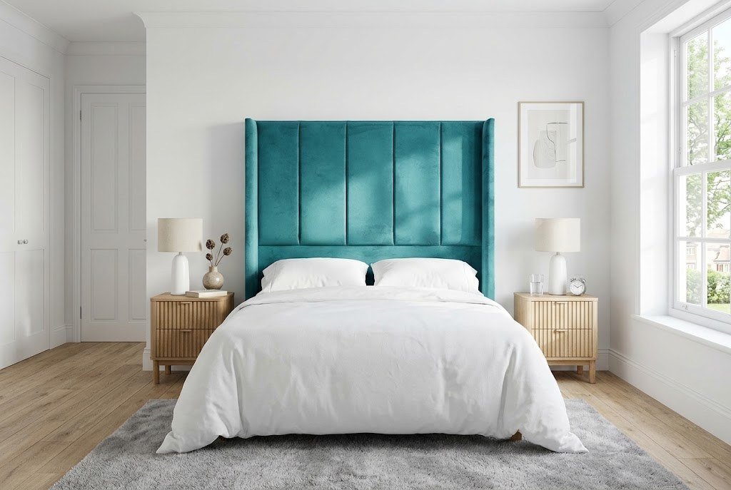 The Triumph Headboard in teal in a bright modern bedroom The Triumph Headboard in teal in a bright modern bedroom