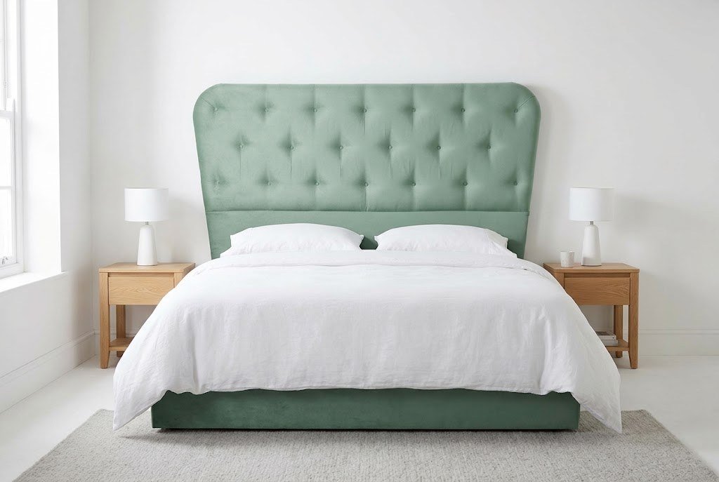 The Tulip Headboard in sage green in a bright modern bedroom